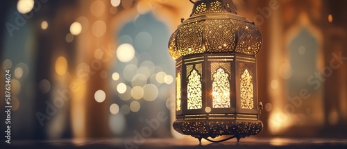 Original traditional ornate oriental lantern with beautiful bokeh of holiday lights and mosque in background ,digital ai art 