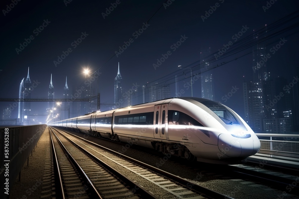 Fototapeta premium High speed rail shuttles on urban railways at night.AI technology generated image