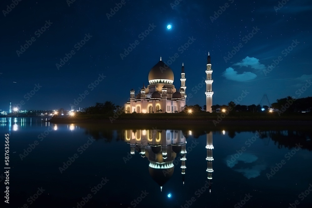 The concept of Ramadan, a reflection of a mosque by the lake at night.AI technology generated image