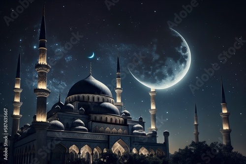 The concept of Ramadan, a mosque that shines at night.AI technology generated image © onlyyouqj