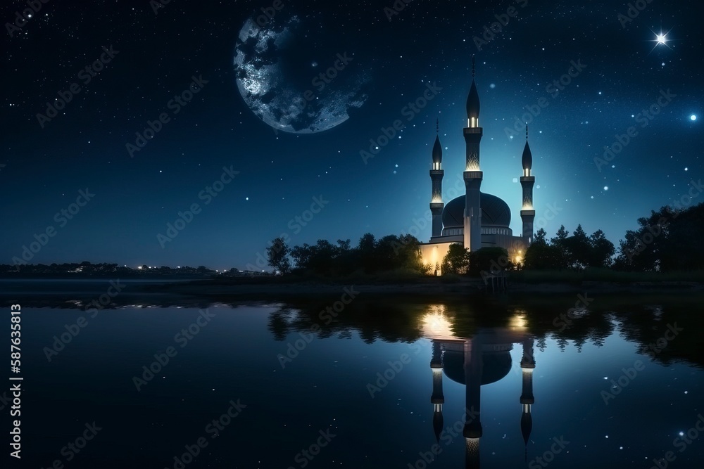 The concept of Ramadan, a reflection of a mosque by the lake at night.AI technology generated image