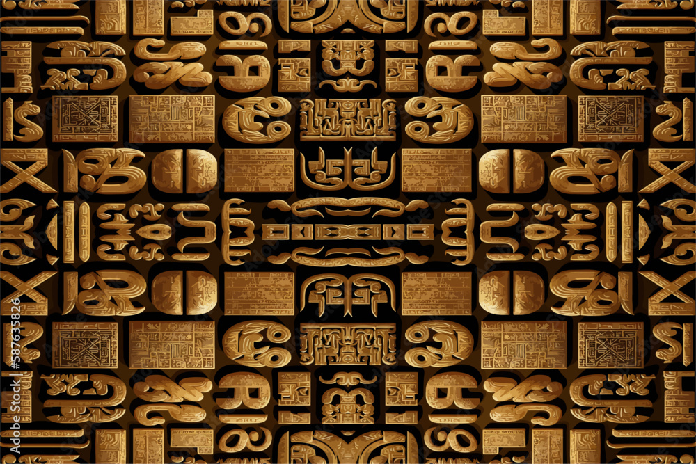 Egyptian hieroglyphs alphabet pattern golden background. Abstract traditional folk antique tribal ethnic Egypt graphic line. Ornate elegant luxury vintage retro style for texture textile fabric tile.