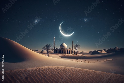 The concept of Ramadan  a mosque that shines at night.AI technology generated image
