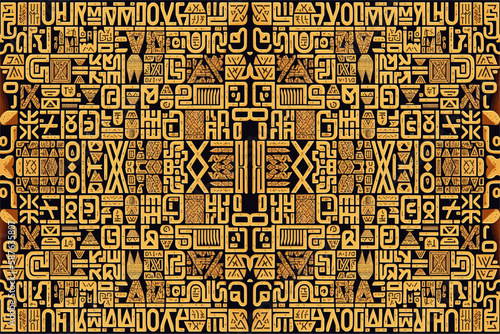 Egyptian hieroglyphs alphabet pattern golden background. Abstract traditional folk antique tribal ethnic Egypt graphic line. Ornate elegant luxury vintage retro style for texture textile fabric tile.