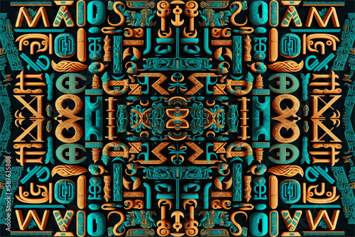 Egyptian hieroglyphs alphabet pattern golden background. Abstract traditional folk antique tribal ethnic Egypt graphic line. Ornate elegant luxury vintage retro style for texture textile fabric tile.