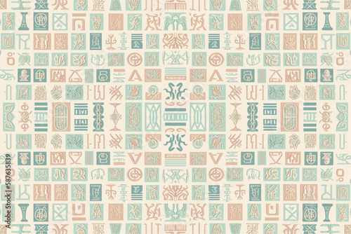 Egyptian hieroglyphs alphabet pattern pastel background. Abstract traditional folk antique tribal ethnic Egypt graphic line. Ornate elegant luxury vintage retro style for texture textile fabric tile.