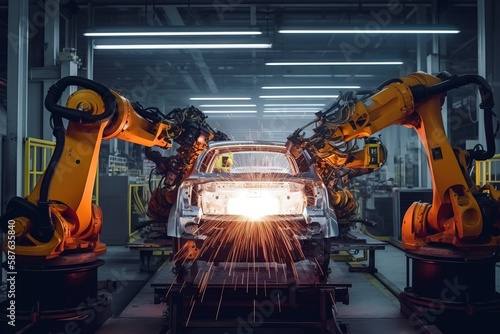 The robot arm of the car manufacturing line is welding the car.AI technology generated image © onlyyouqj