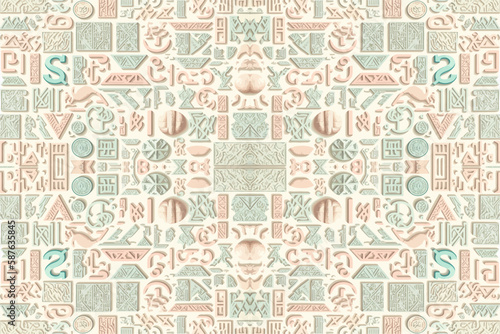 Egyptian hieroglyphs alphabet pattern pastel background. Abstract traditional folk antique tribal ethnic Egypt graphic line. Ornate elegant luxury vintage retro style for texture textile fabric tile.
