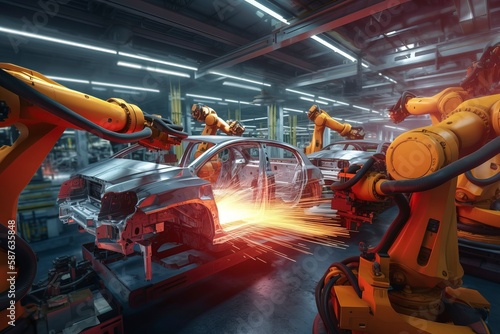 The robot arm of the car manufacturing line is welding the car.AI technology generated image