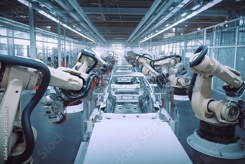 The robot arm of the car manufacturing line is welding the car.AI technology generated image
