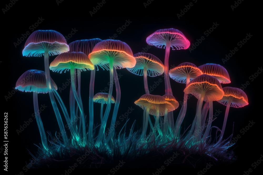 Fototapeta premium Glowing colorful transparent mushrooms on black background. Generative AI