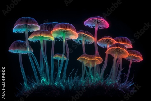 Glowing colorful transparent mushrooms on black background. Generative AI