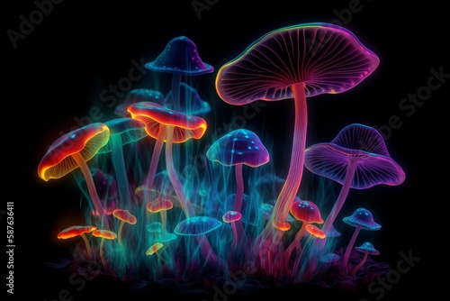 Glowing colorful transparent mushrooms on black background. Generative AI