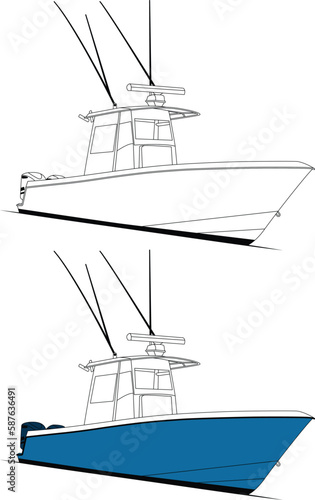 Fishing boat vector art color illustration  with black and white