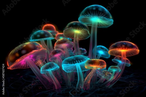 Glowing colorful transparent mushrooms on black background. Generative AI