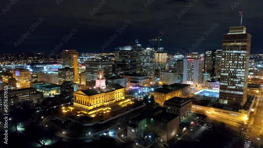 Aerial Shot Of Tennessee State Capitol Against Clear Sky, Drone Flying Forward Over Illuminated City - Nashville, Tennessee Aerial Shot Of Tennessee State Capitol Against Clear Sky, Drone Flying Forward Over Illuminated City - Nashville, Tennessee