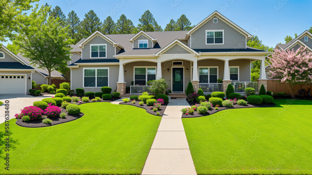 suburban house in spring, wide shots of home gardens, lawns, yards