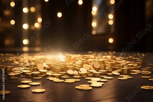 Golden Investment. Closeup of Stacks of Coins on blur background © Thares2020