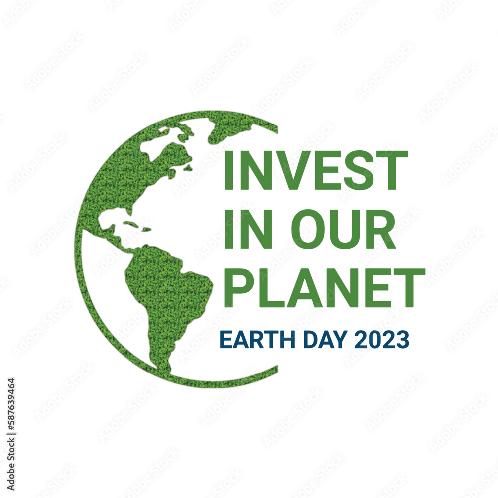 Invest in our planet. Earth day 2023 vector illustration concept background. Ecology concept. Design with globe map drawing and green grass isolated on white background.