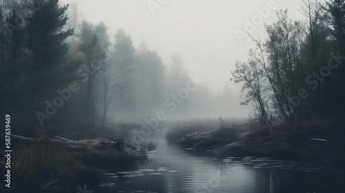 Fog and mist with mountains and a river. Generative AI. © Southern Creative