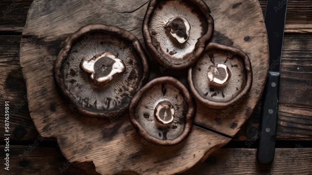 Sliced Portobello Mushrooms on a Wooden Table Sliced Portobello Mushrooms on a Wooden Table