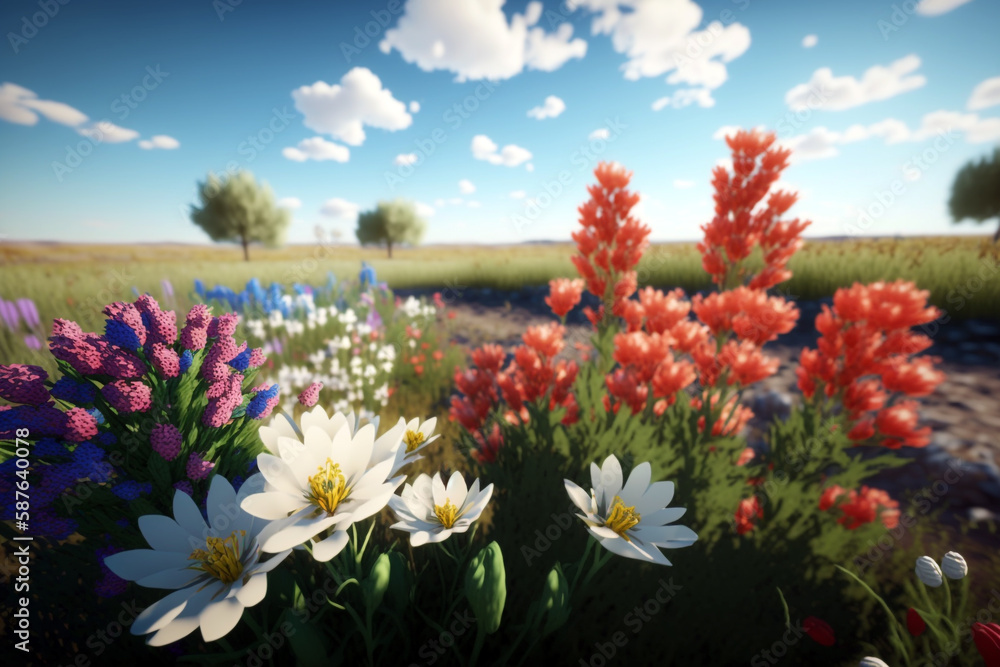 Beautiful spring field full of nice flowers while sunny day with blue sky on the background. Generative ai illustration