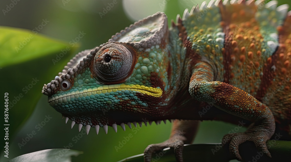 Obraz premium Green chameleon close-up on a blurred green background, high resolution, nature, ecology, 3d rendering, environment, highly detailed, rich colors, camouflage, disguise, amazing nature. Generative AI