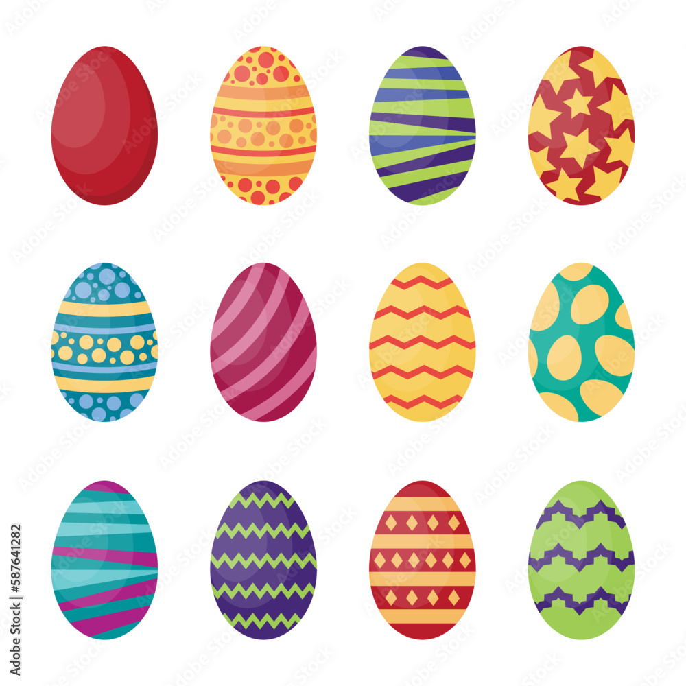 easter eggs, set of isolated objects. festive painted eggs with colored patterns. vector flat simple cartoon holiday illustration