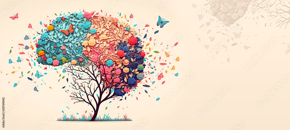 © Elena Uve - Human brain tree with flowers. Self care and mental health concept. Creative mind. Generative AI.