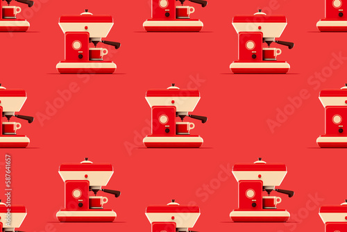 Pattern of vitange coffee machine. Vector illustration in red tones. Generative AI. photo