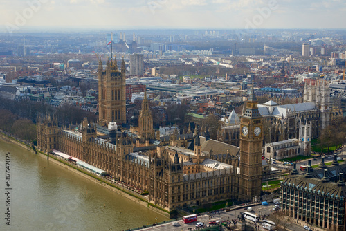 London UK aerial view Palace of Westminster Westminster Abbey Westminster Bridge Thames Big Ben