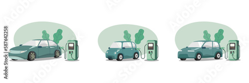 Set of Eco friendly sustainable, Electric car charging station, Clean green energy from renewable sources concept. Vector design illustration.