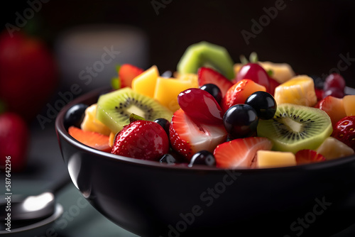 Fruit salad in black bowl close up  summer fresh food. Generative AI