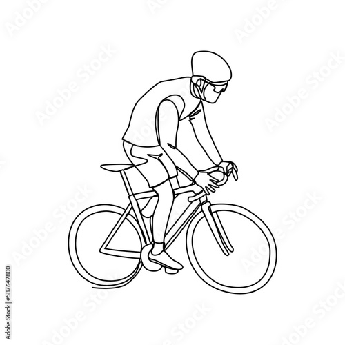 a man uses a bicycle to go to work in continuous line art drawing style. design with Minimalist black linear design isolated on white background. Sport themes Vector illustration