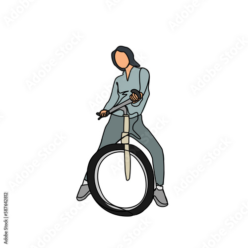 a woman  use a bicycle in continuous line art drawing style. design with Minimalist black linear design isolated on white background. Sport themes Vector illustration