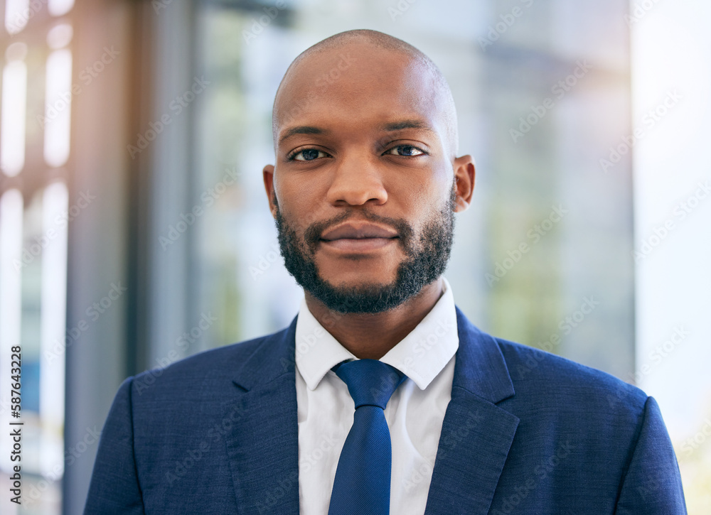Fototapeta premium Business man, portrait and corporate lawyer in a office with success and company ideas. Law, management and African ceo worker face of legal job growth with lens flare and blurred background