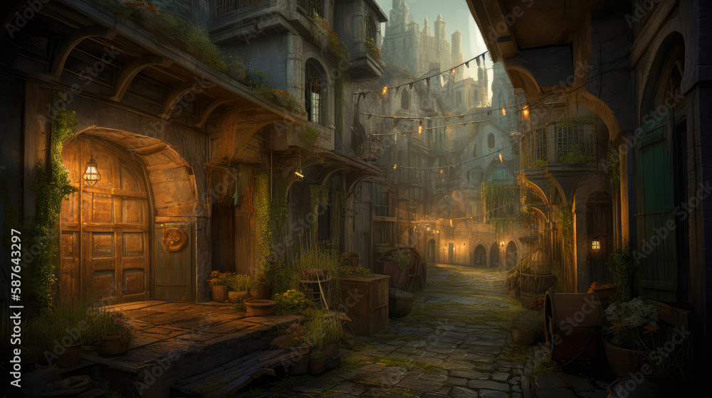 medieval alley, old town in  detailed illustration, ai generative