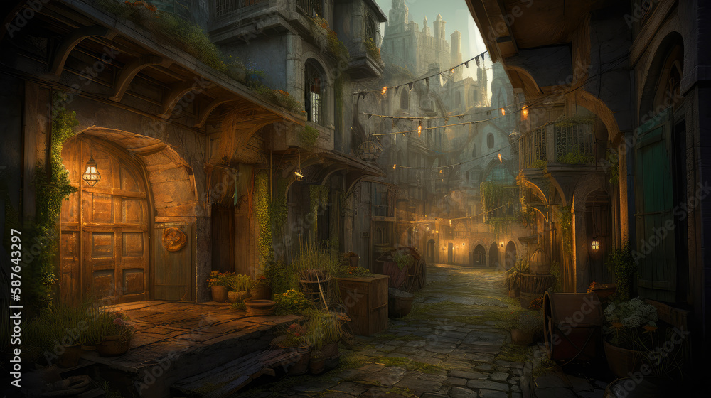 medieval alley, old town in detailed illustration, ai generative medieval alley, old town in detailed illustration, ai generative