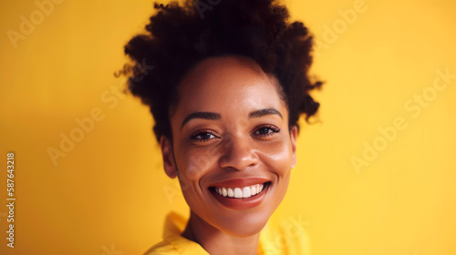 Studio protrait of beautiful Afro American woman over yellow background with copy space. Advertising concept. Generative AI.