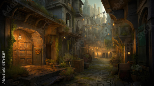 medieval alley, old town in  detailed illustration, ai generative