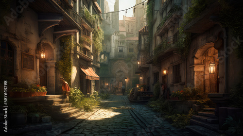 medieval alley, old town in detailed illustration, ai generative