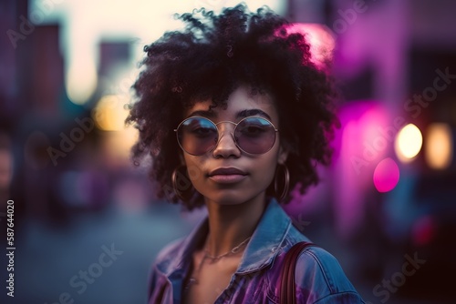 Fashion look. Cheerful black woman on the street. Retro 80s outfit and haircut and sunglasses. Generative Ai. Retrowave style. Boho style.