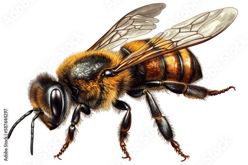 close-up view of a bee on a plain white background. Generative AI © AkuAku