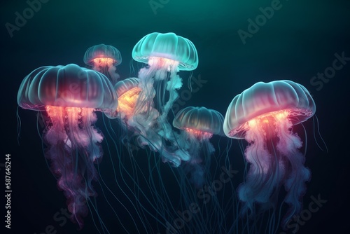 Glowing sea jellyfishes in ocean. Generate Ai
