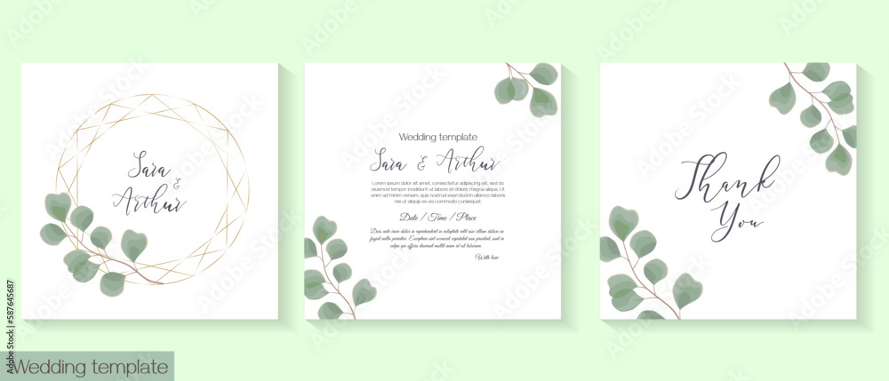 Vector template for wedding invitations. Eucalyptus leaves. Invitation card with gold frame, thank you
