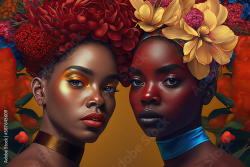 Two beautiful black women wearing flower crowns pose for a portrait. The colourful nature-inspired accessories complement their skin and curly hair perfectly. Generative AI