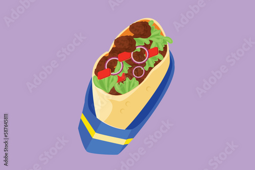 Character flat drawing fresh hot spicy online shawarma shop logo. Delicious Arabic roll with meat, salad, tomato. Kebab with chicken and onion. For restaurant menu. Cartoon design vector illustration