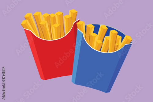 Cartoon flat style drawing two fresh delicious American french fries restaurant logo emblem. Fast food logo template concept for cafe shop or food delivery service. Graphic design vector illustration