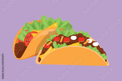 Graphic flat design drawing two stylized Mexican taco logo label. Emblem fast food nacho restaurant for cafe shop or food delivery service. Delicious meal for lunch. Cartoon style vector illustration