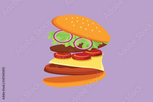 Graphic flat design drawing fresh delicious American burger restaurant logo emblem. Fast food beef burger cafe shop. Fast food beefburger menu and restaurant badge. Cartoon style vector illustration